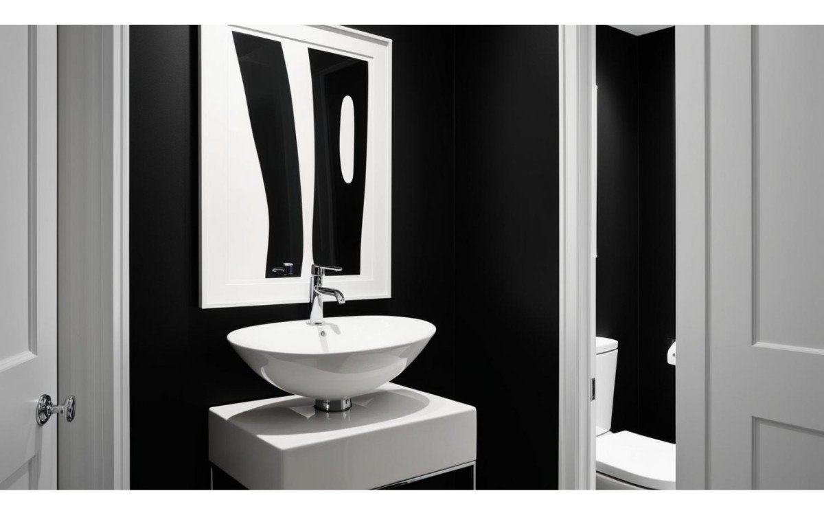 All-black walls + bright white small bathroom washbasin + bold art