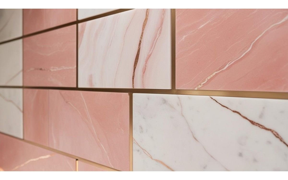 Blush pink + white marble tile + rose gold accents