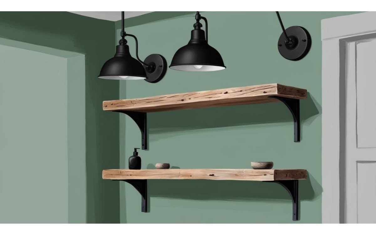 Sage green + matte black fixtures + wooden shelf