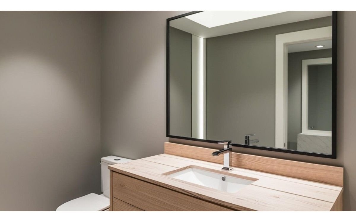 Soft grey walls + light wood vanity + black mirror