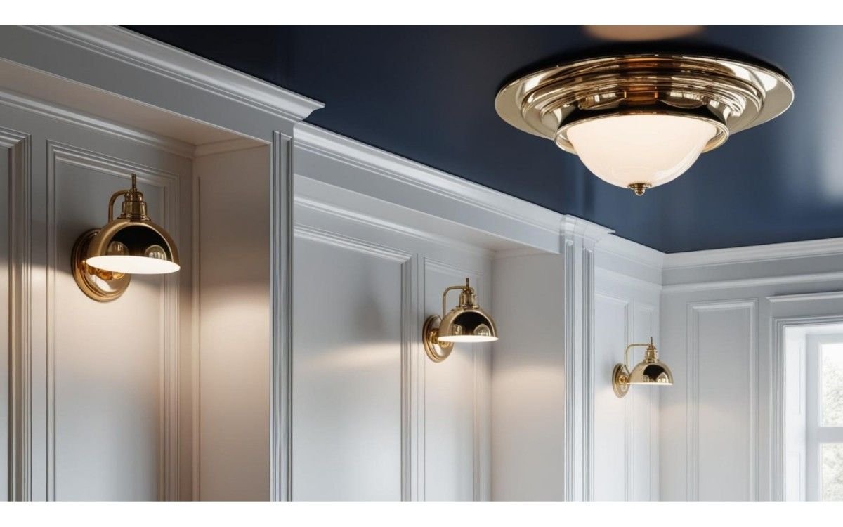 White walls + navy ceiling + brass fixtures
