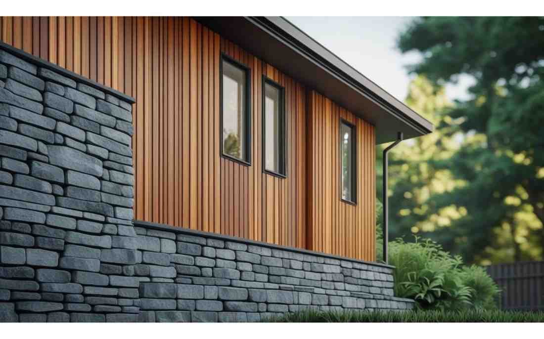 Grey Stone Base, Vertical Wood Siding Top